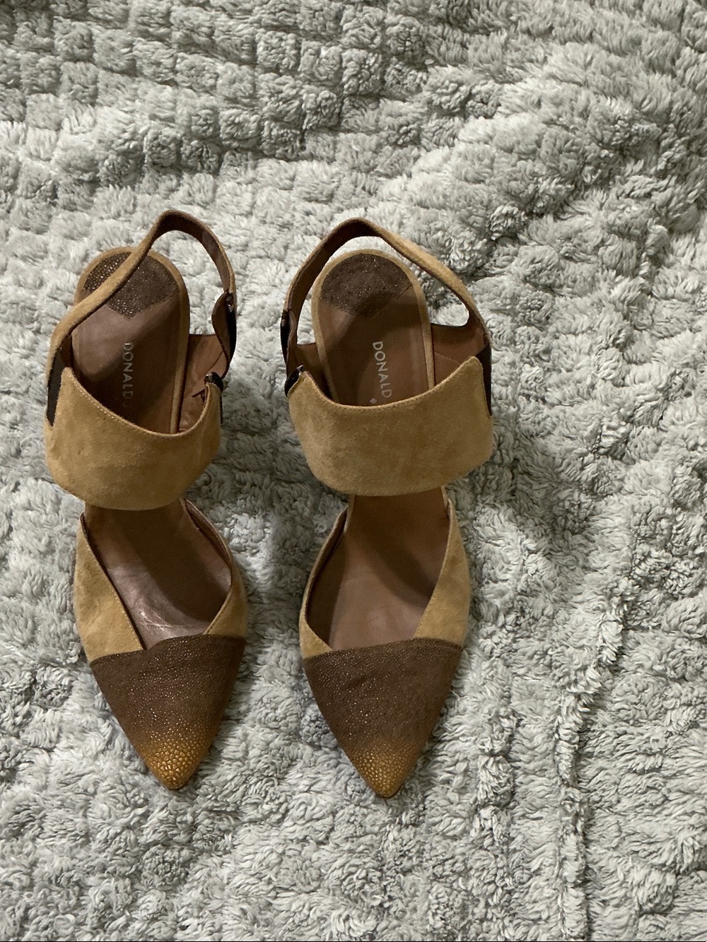 Donald J. Pliner Two-Tone Tan and Brown Suede Pointed Slingback Heels